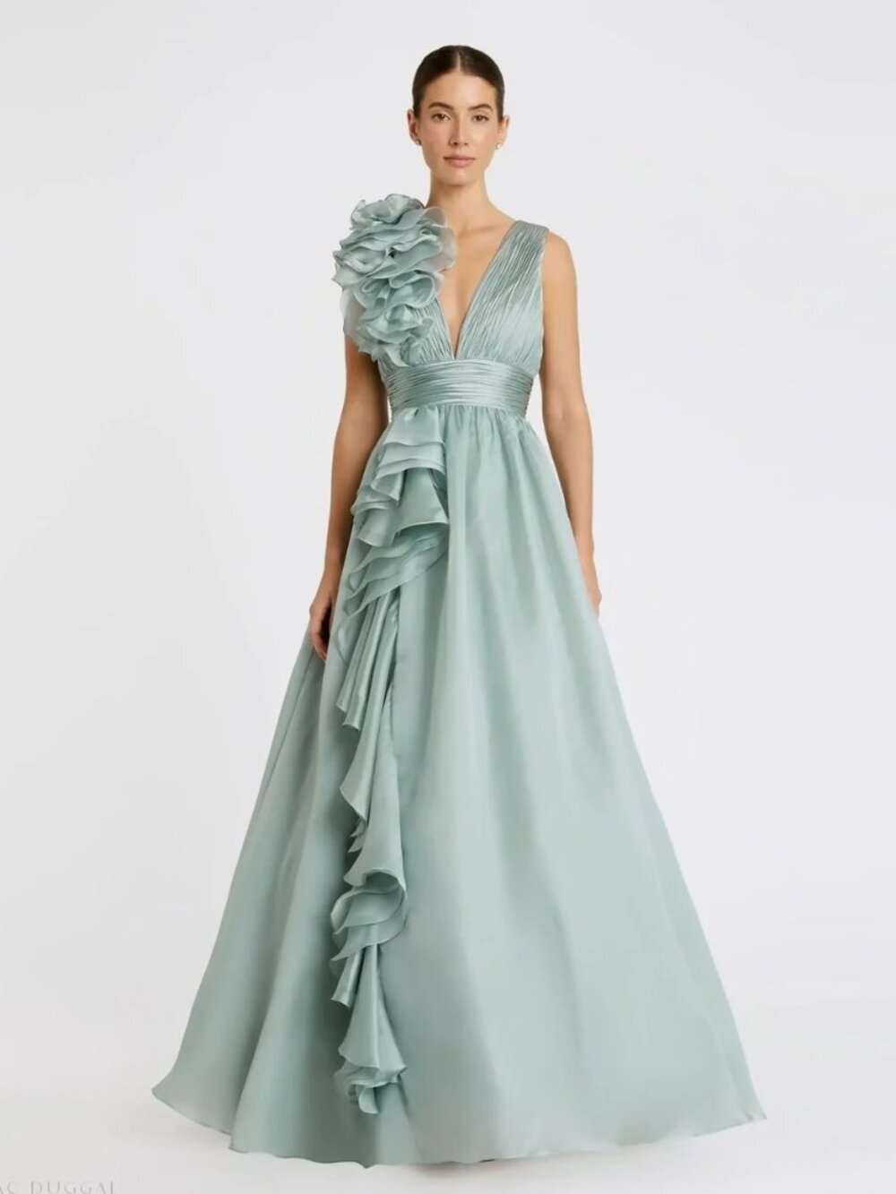 Mac Duggal Mint Color Ruffle Shoulder V-Neck Chiffon Gown